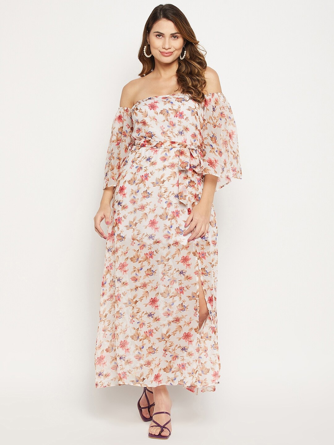 

Bitterlime Off Shoulder Floral Printed Georgette Maxi Dress With Belt, White
