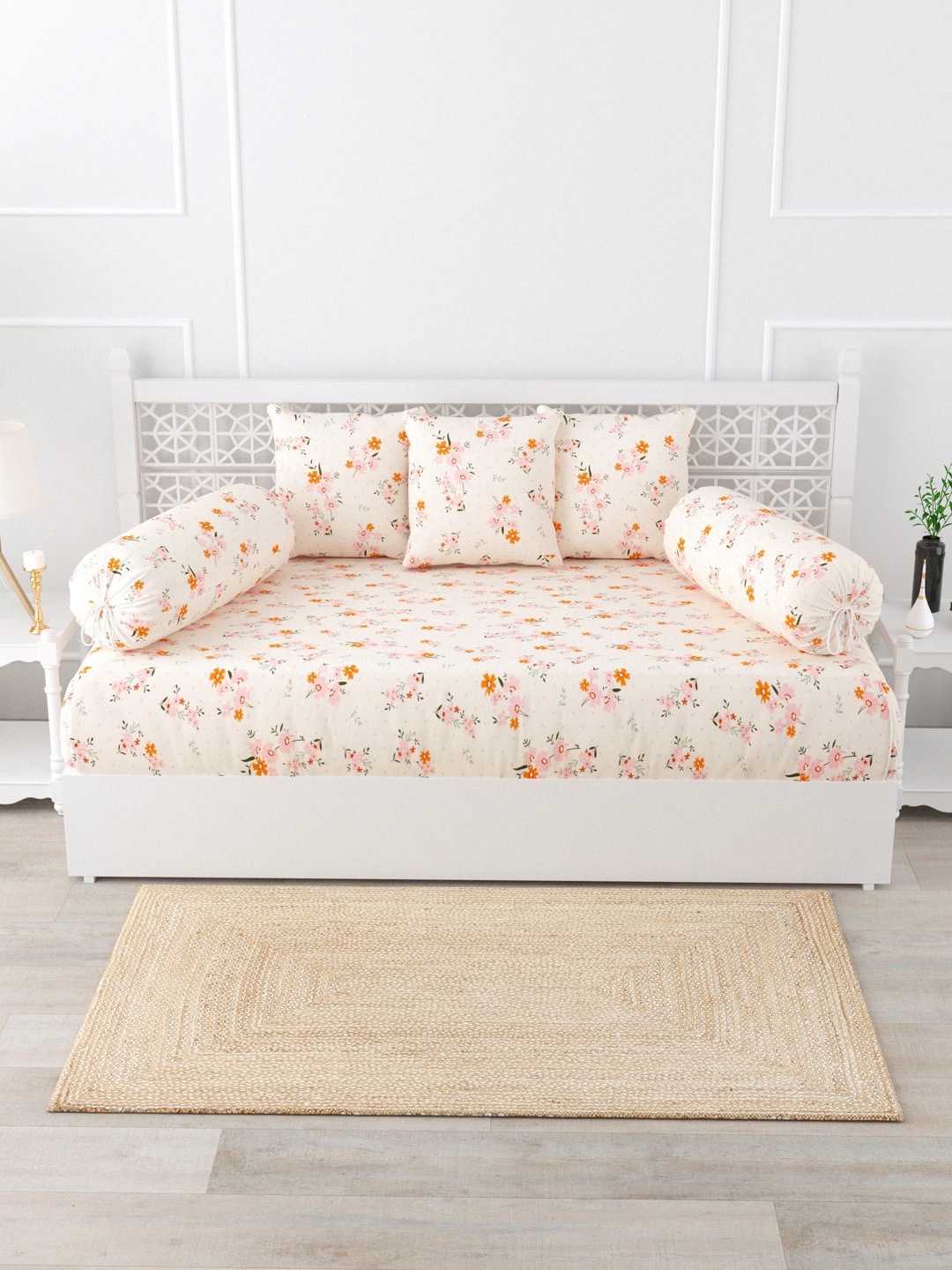 

Salona Bichona Peach & Orange 6 Pieces Floral Printed 144 TC Diwan Set