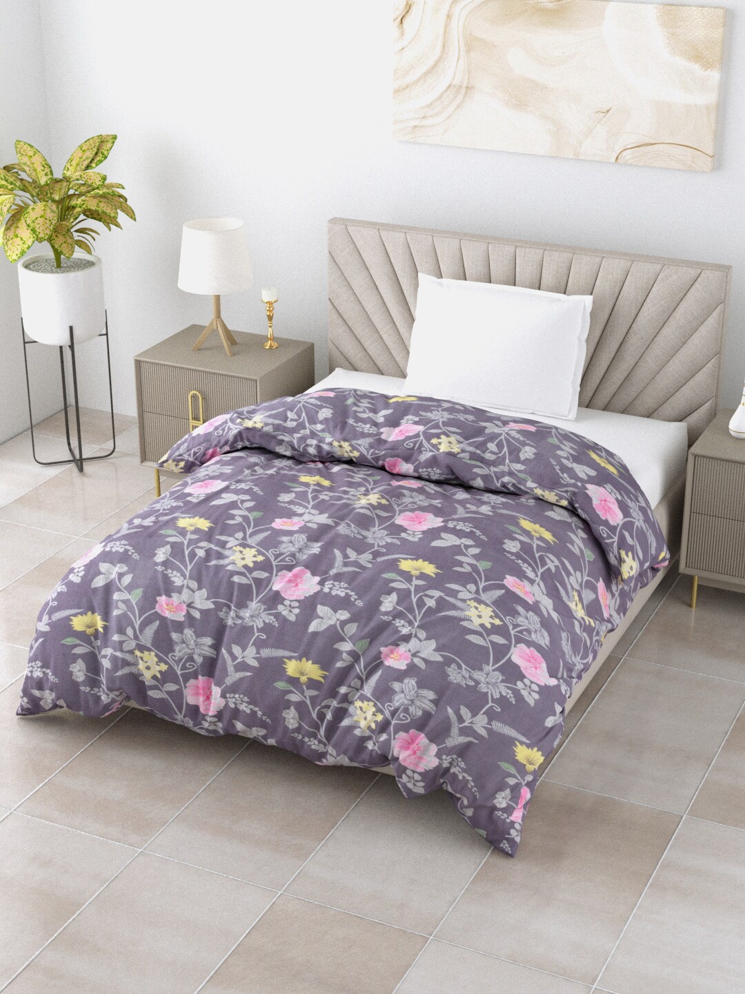 

Salona Bichona Relex Grey & Pink Floral Mild Winter 110 GSM Single Bed Comforter