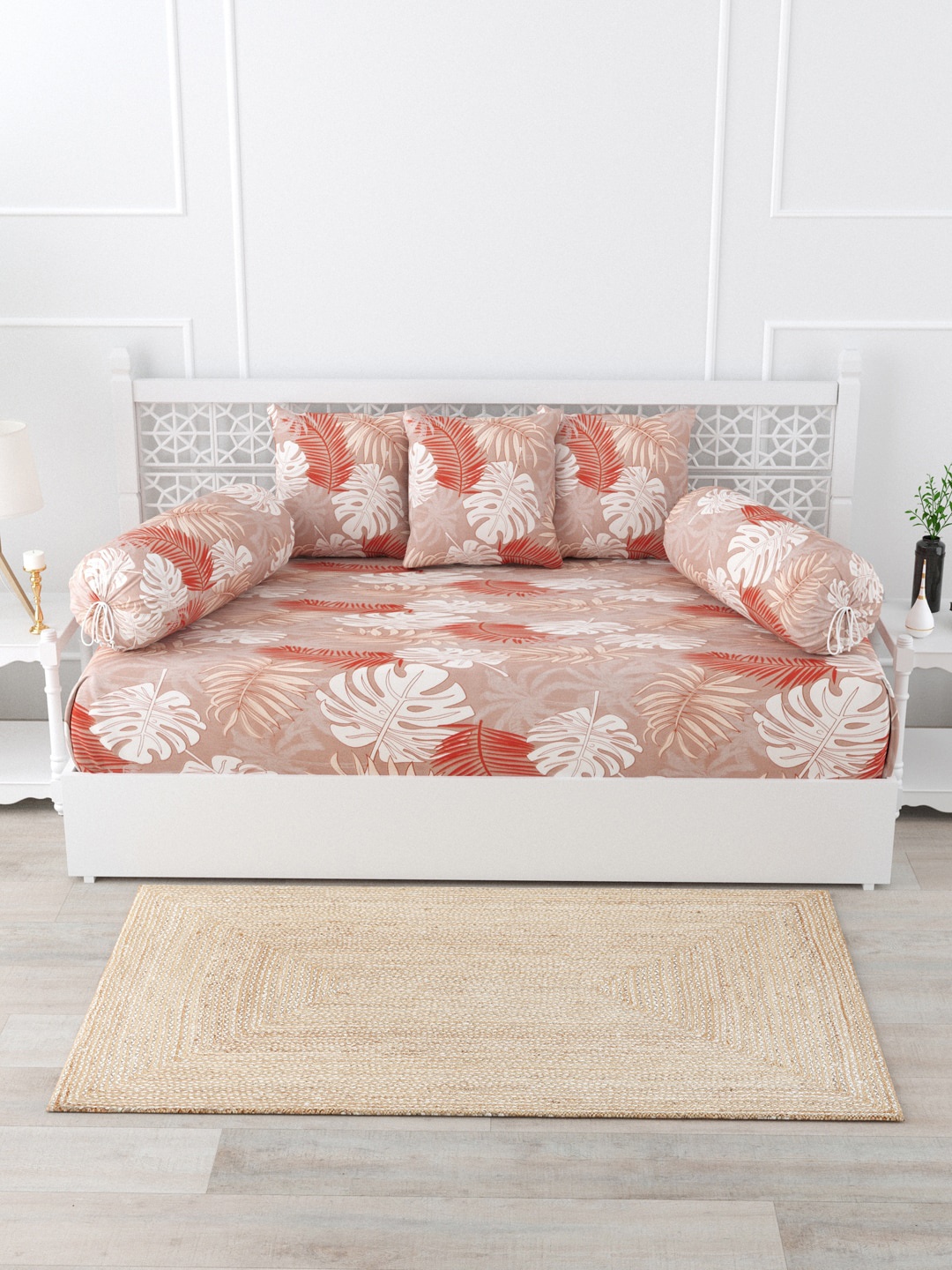 

Salona Bichona Beige & White 6 Pieces Printed 144 TC Diwan Set, Brown