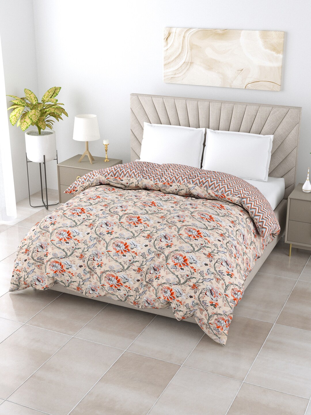 

Salona Bichona Unique Beige & Orange Floral AC Room 120 GSM Double Bed Comforter