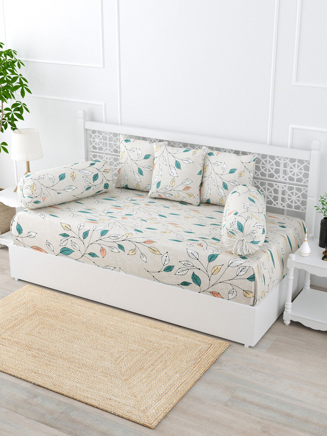 

Salona Bichona Beige & Green 6-Pcs Printed Cotton Diwan Set