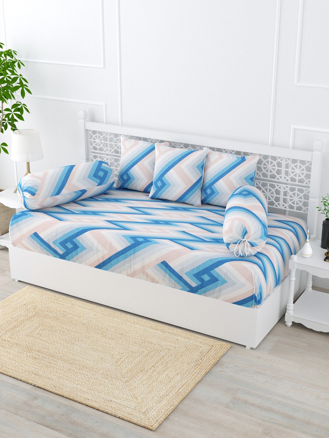 

Salona Bichona Blue & White 6-Pcs Printed Cotton Diwan Set