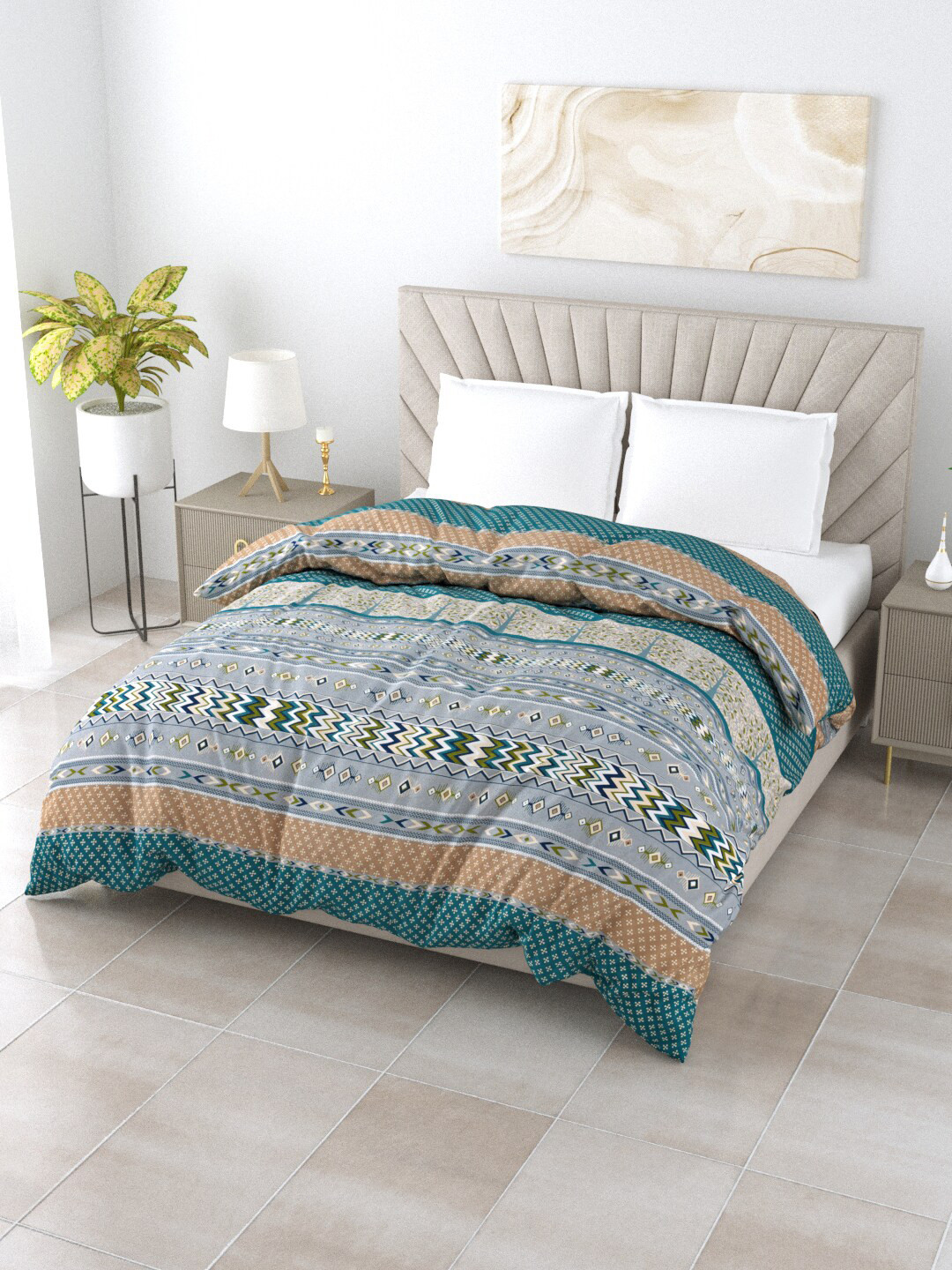

Salona Bichona Unique Grey & Turquoise Blue AC Room 120 GSM Double Bed Comforter
