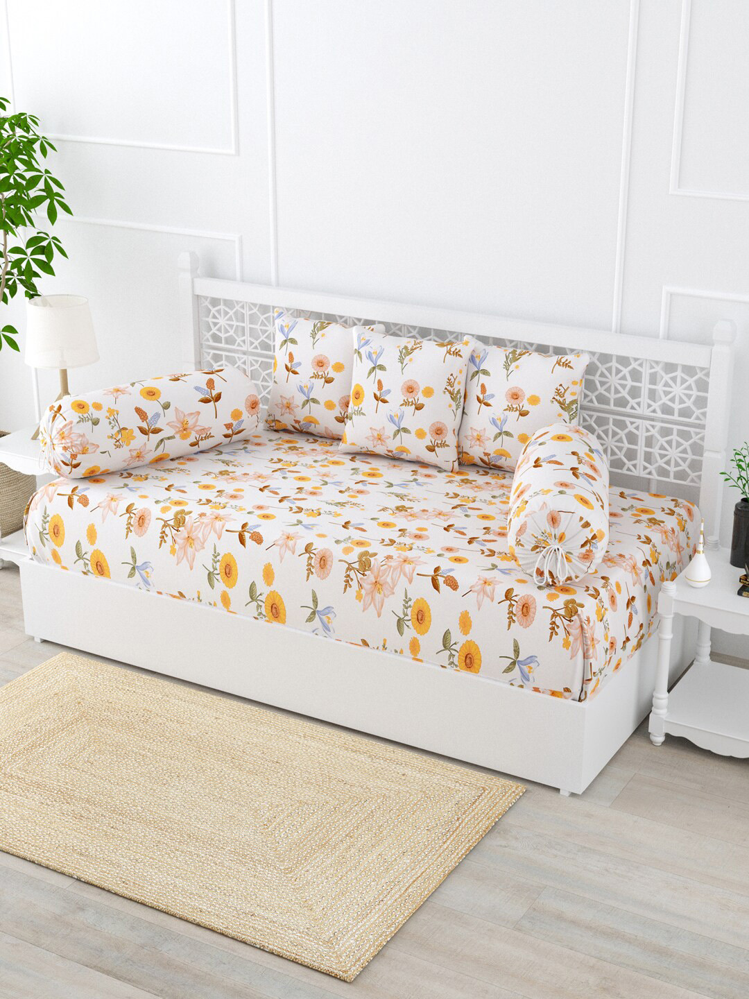 

Salona Bichona White & Orange 6-Pcs Printed Cotton Diwan Set