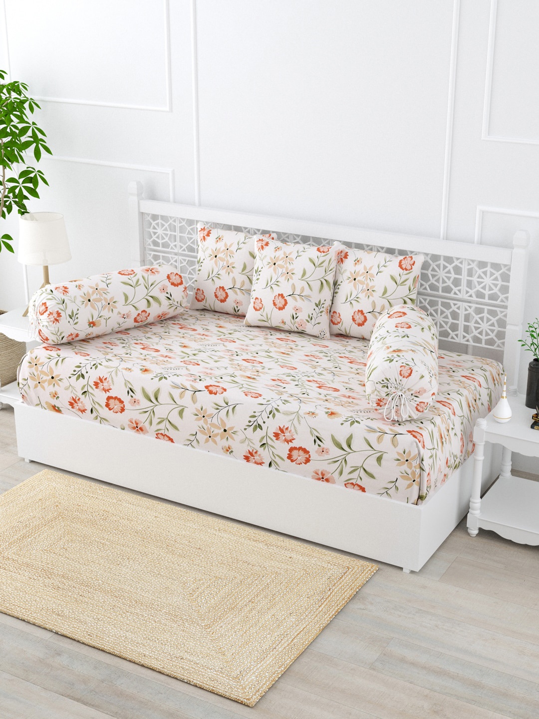 

Salona Bichona Peach Colored 6-Pcs Printed Cotton Diwan Set