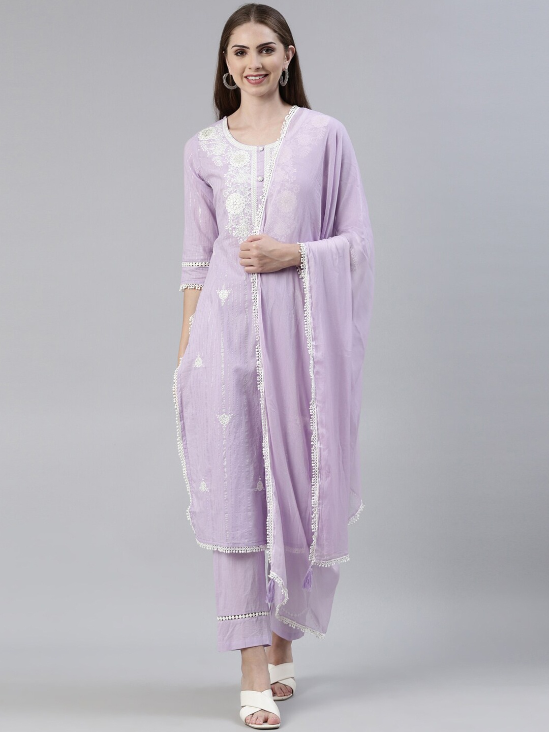 

Neerus Floral Embroidered Sequinned Pure Cotton Kurta with Trousers & Dupatta, Lavender