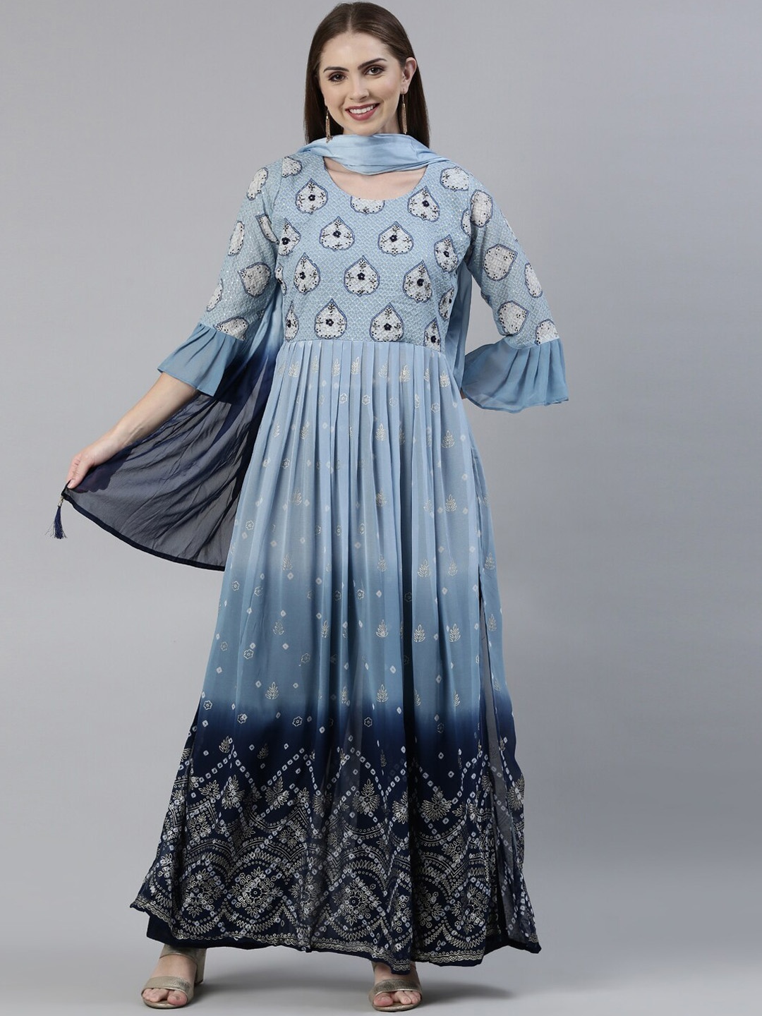

Neerus Pleated Ombre Dyed Sequinned Anarkali Kurta with Sharara & Dupatta, Blue
