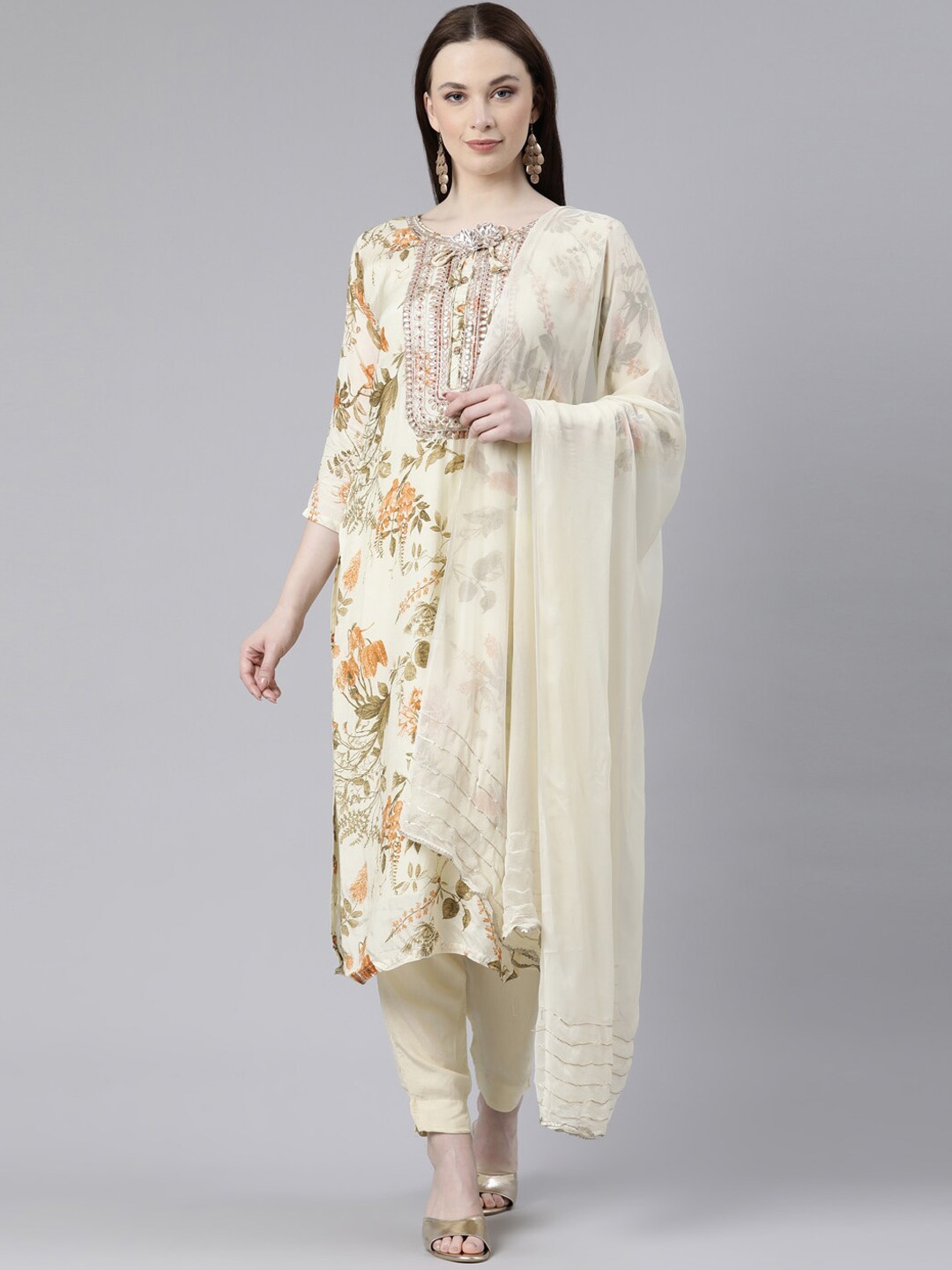 

Neerus Floral Printed Aari Work Kurta With Trousers & Dupatta, Cream