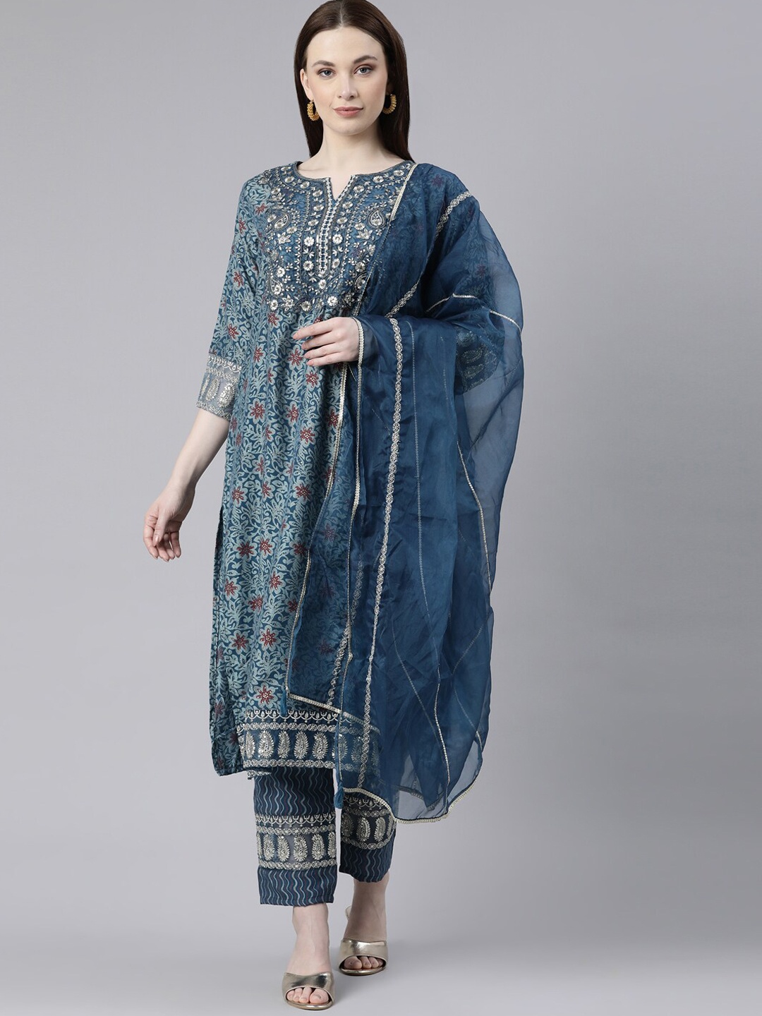 

Neerus Ethnic Motifs Printed Sequinned Kurta with Trousers & Dupatta, Blue