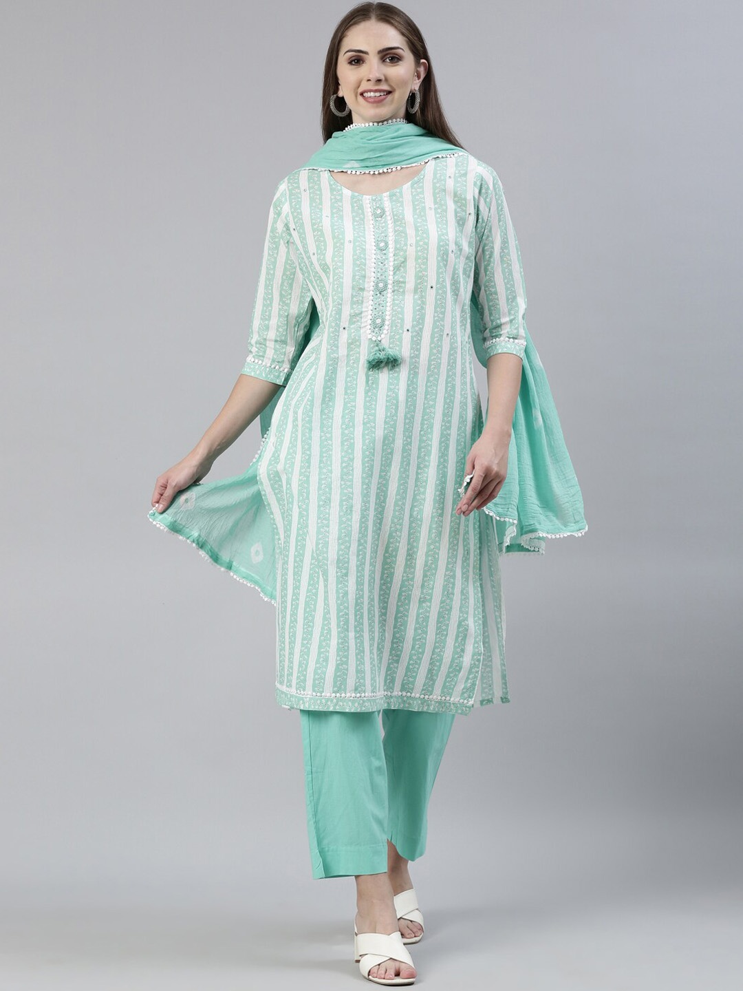 

Neerus Striped Thread Work Pure Cotton Kurta With Trousers & Dupatta, Sea green