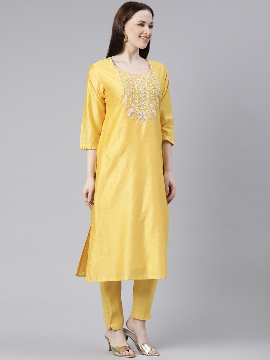 

Neerus Ethnic Motifs Embroidered Beads Work Straight Kurta with Trousers & Dupatta, Yellow