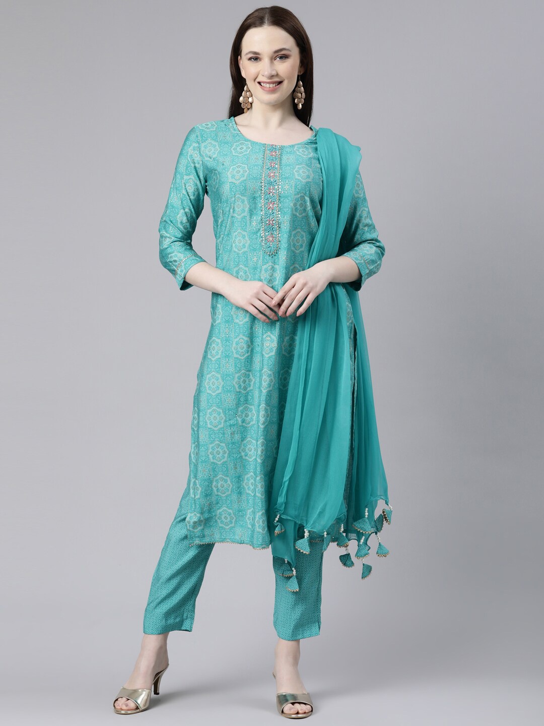 

Neerus Ethnic Motifs Printed Thread Work Kurta With Trousers & Dupatta, Sea green