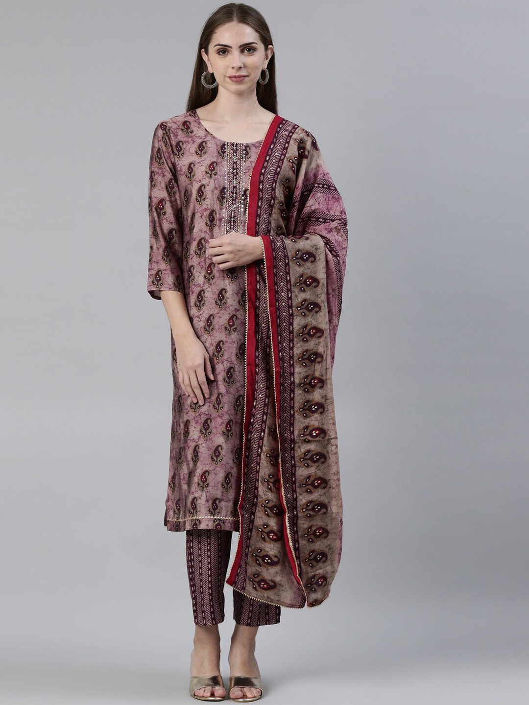 

Neerus Paisley Printed Sequinned Straight Kurta With Trousers & Dupatta, Mauve