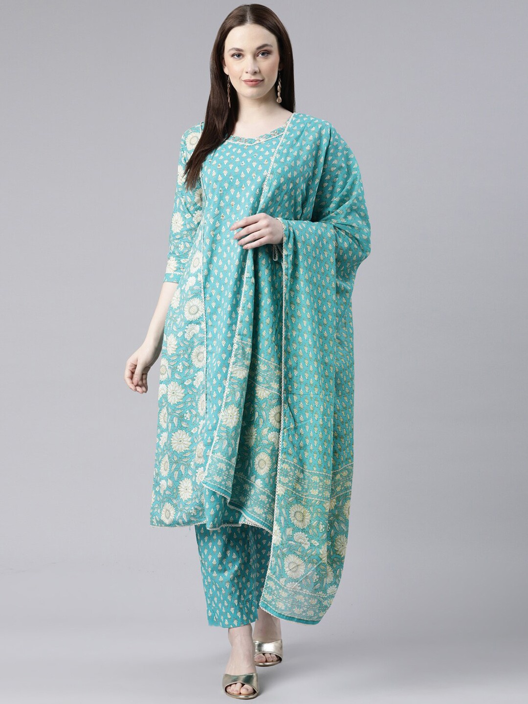 

Neerus Floral Printed Pure Cotton A-Line Kurta with Trousers & Dupatta, Green