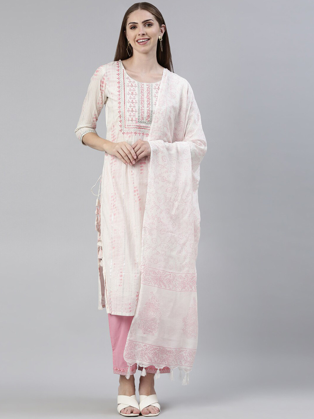

Neerus Ethnic Motif Embroidered Thread Work Pure Cotton Kurta With Trousers & Dupatta, White