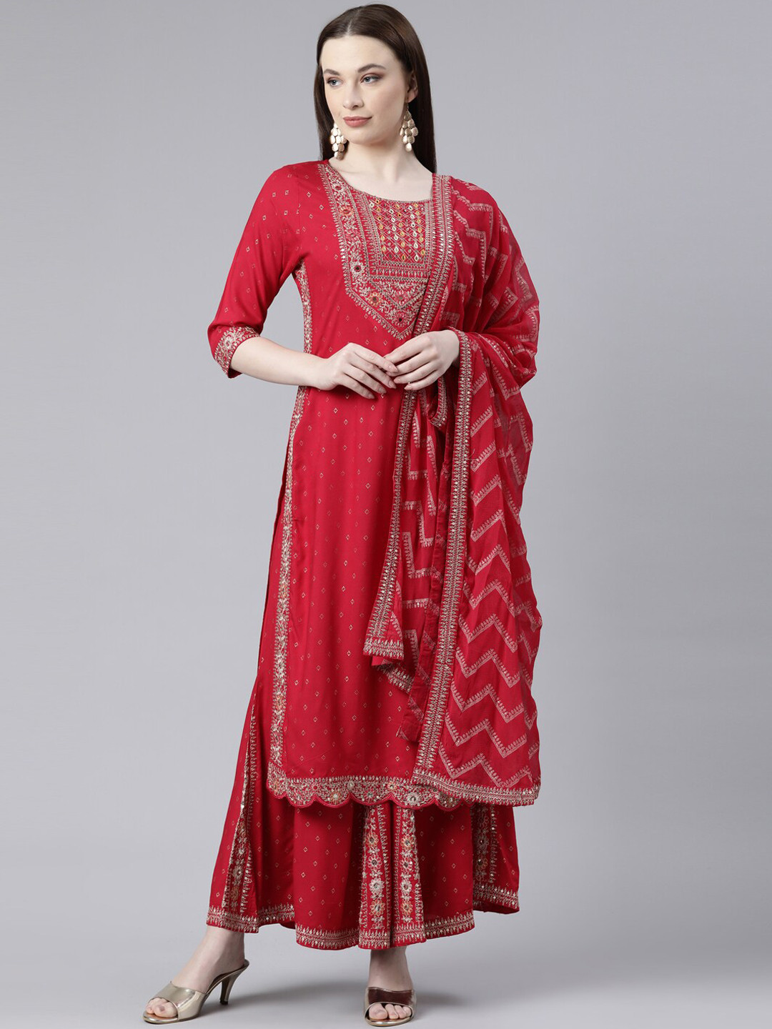 

Neerus Ethnic Motifs Embroidered Sequinned Kurta With Sharara & Dupatta, Red