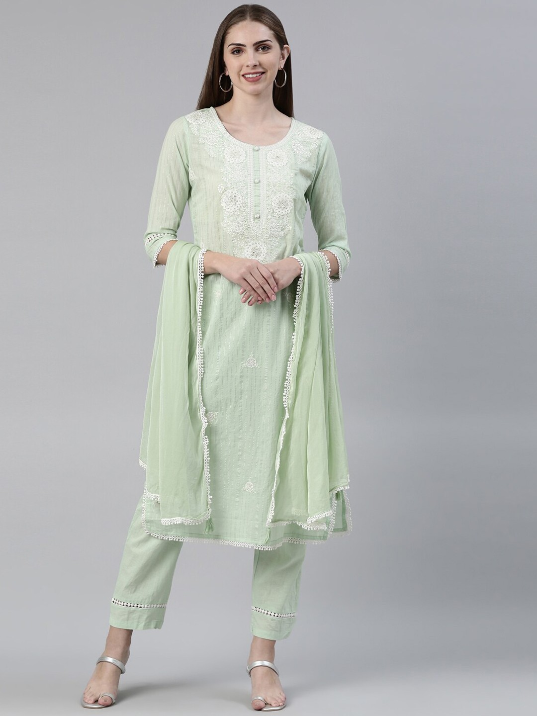 

Neerus Ethnic Motifs Embroidered Pure Cotton Kurta With Trousers & Dupatta, Green