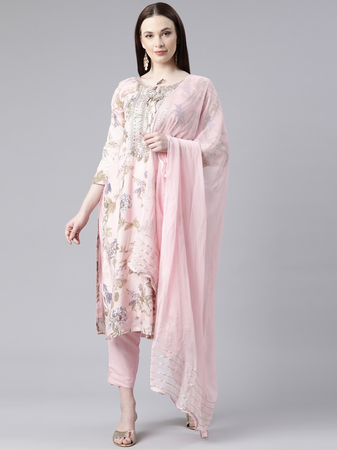 

Neerus Tie-Up Neck Floral Printed Aari Work Straight Kurta with Trousers & Dupatta, Peach