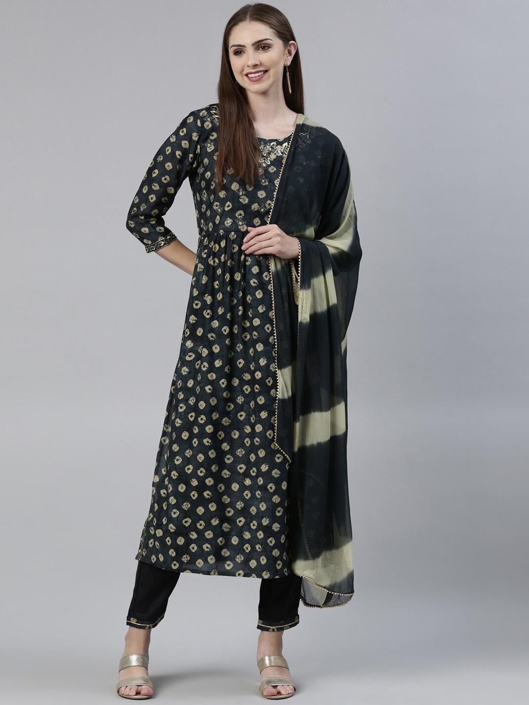 

Neerus Geometric Printed Thread Work Kurta With Trousers & Dupatta, Navy blue