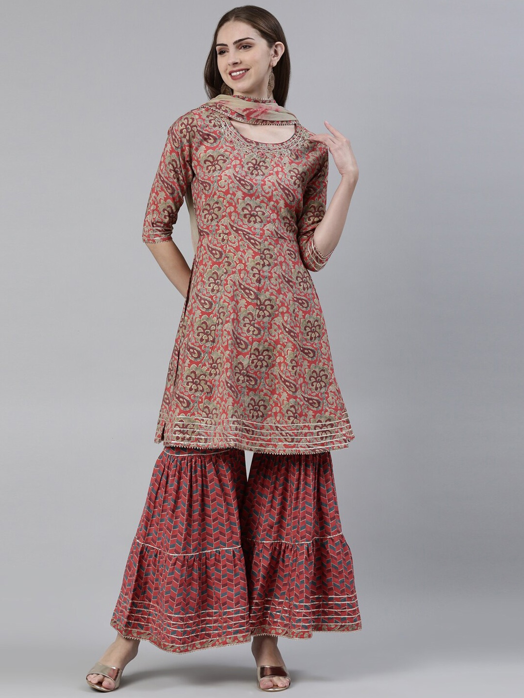 

Neerus Floral Printed Thread Work A-Line Kurta with Sharara & Dupatta, Maroon