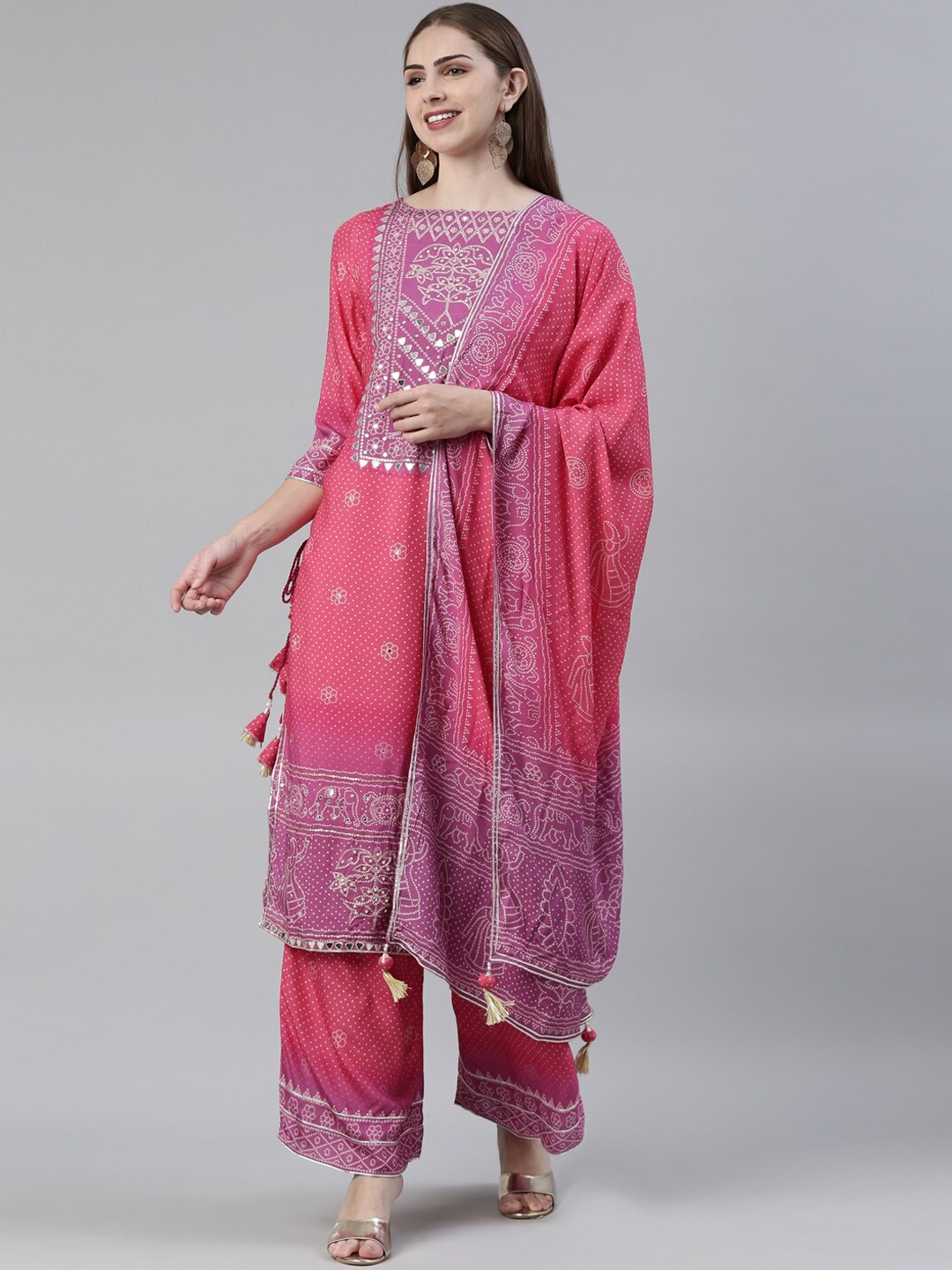 

Neerus Bandhani Printed Mirror Work Kurta with Palazzos & Dupatta, Pink