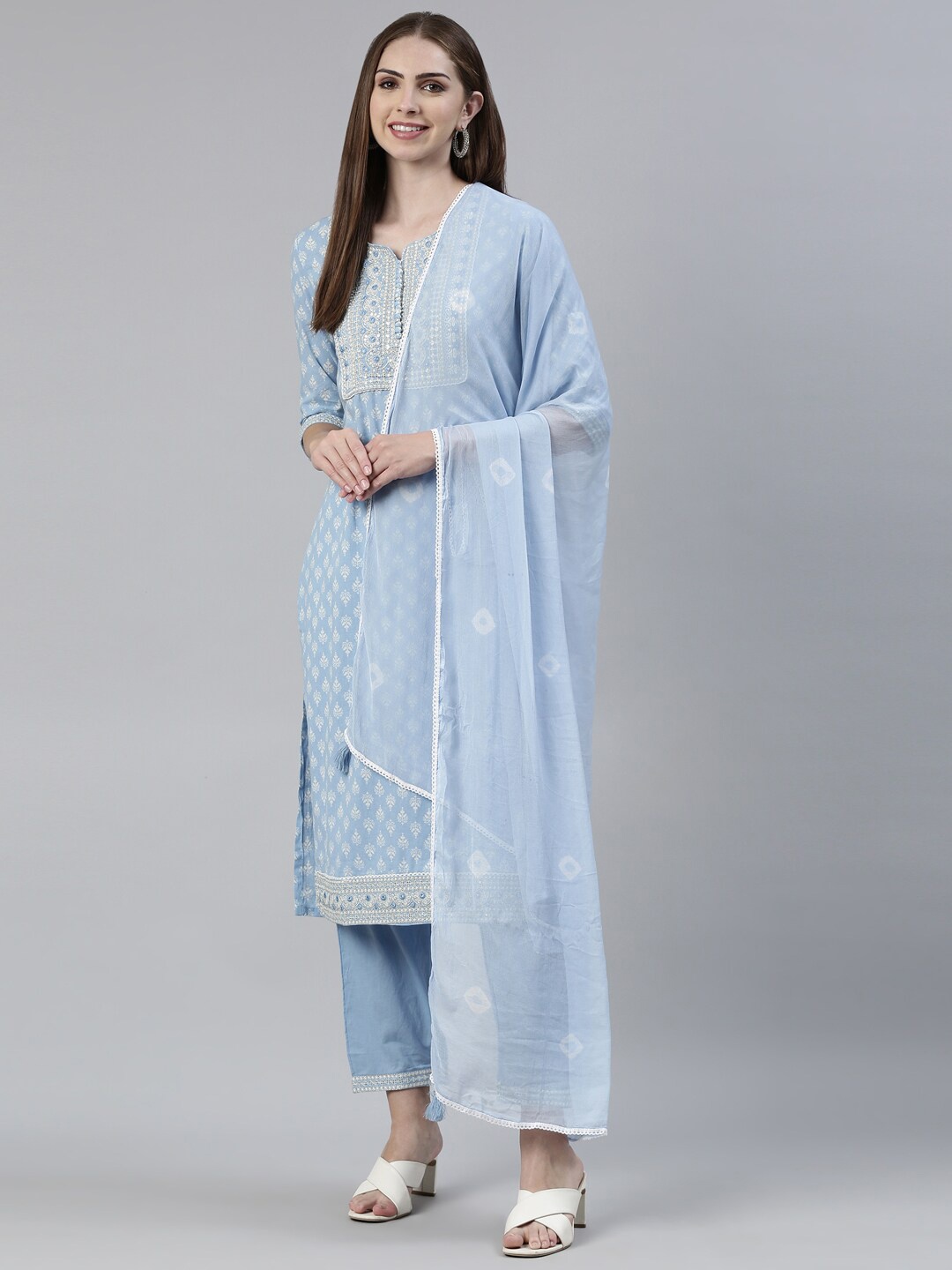 

Neerus Ethnic Motifs Printed Sequinned Pure Cotton Kurta With Trousers & Dupatta, Blue