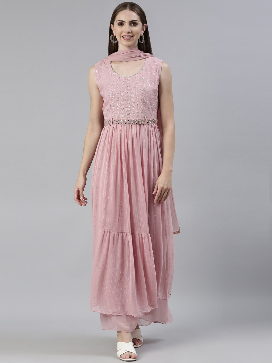 

Neerus Ethnic Motifs Embroidered Sleeveless Sequinned A-Line Kurta With Palazzos & Dupatta, Pink