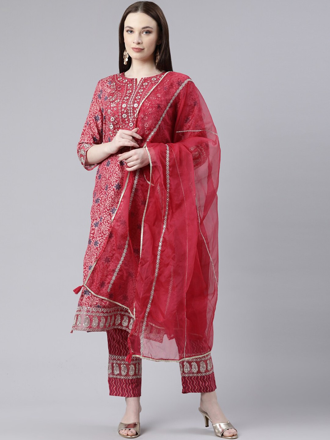 

Neerus Floral Printed Sequinned Kurta with Trousers & With Dupatta, Pink