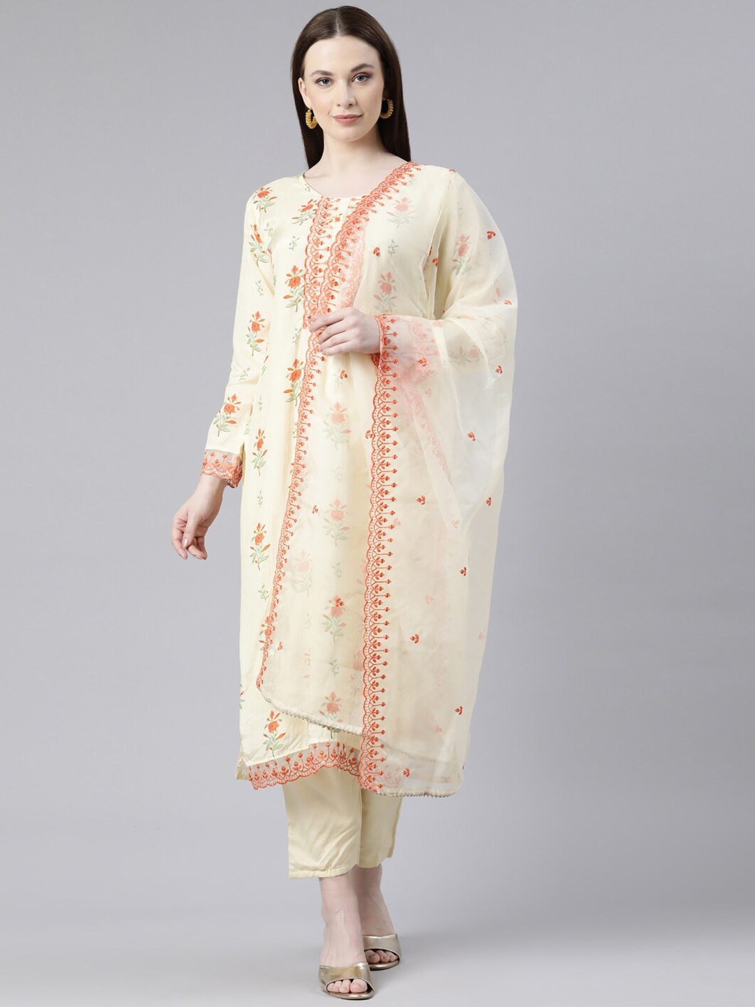 

Neerus Floral Printed Thread Work Kurta With Palazzos & Dupatta, Cream