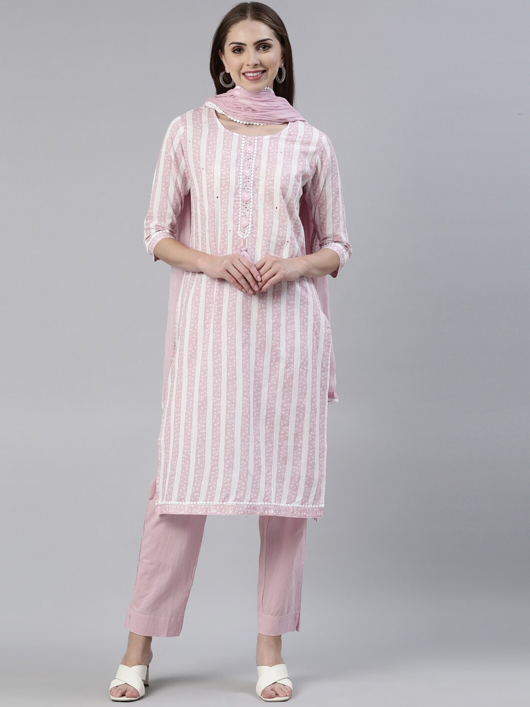 Neerus Striped Thread Work Pure Cotton Kurta With Trousers & Dupatta, Pink