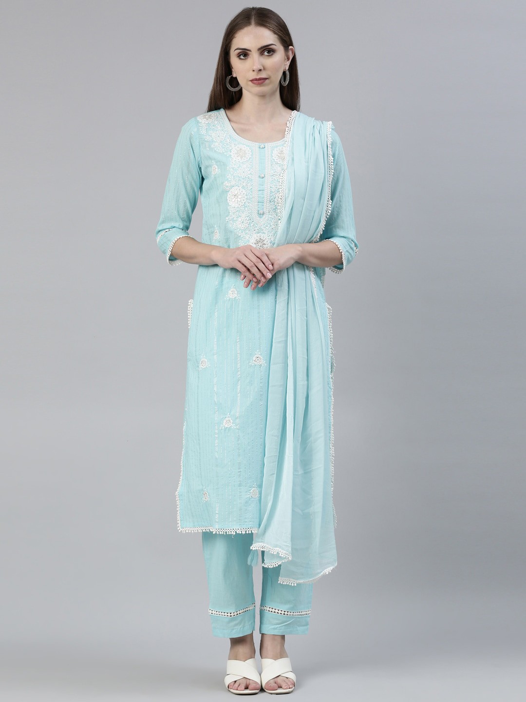 

Neerus Floral Embroidered Thread Work Pure Cotton Kurta With Trousers & Dupatta, Blue