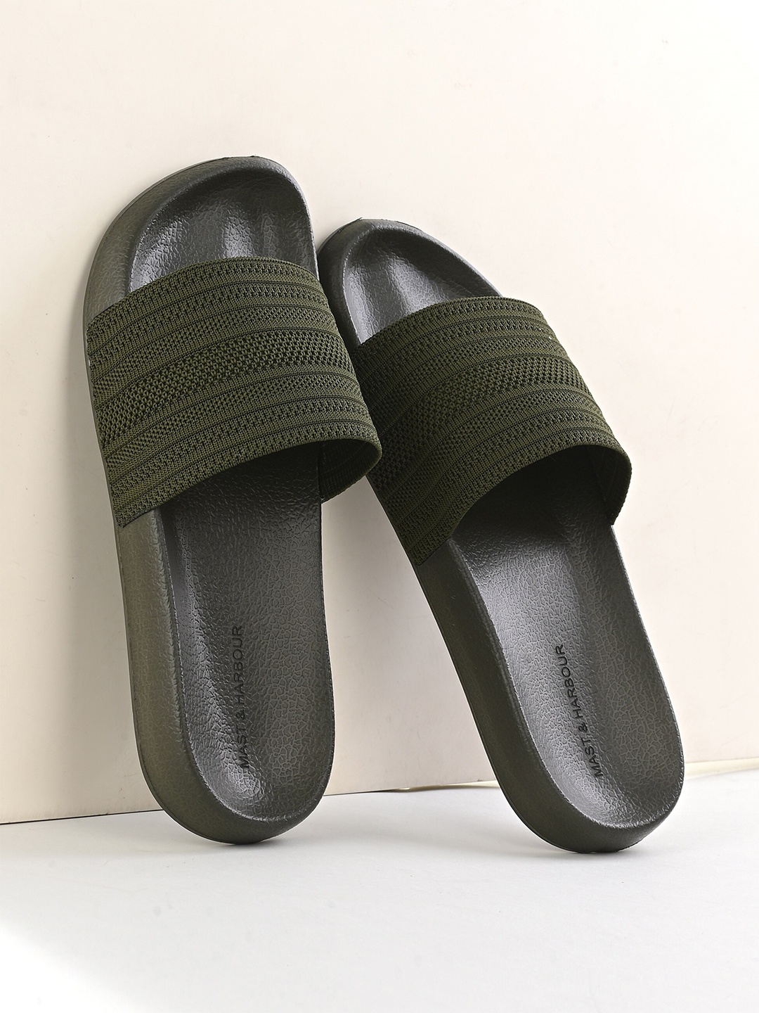

Mast & Harbour Men Self Design Fabric Comfort -Fit Sliders, Olive