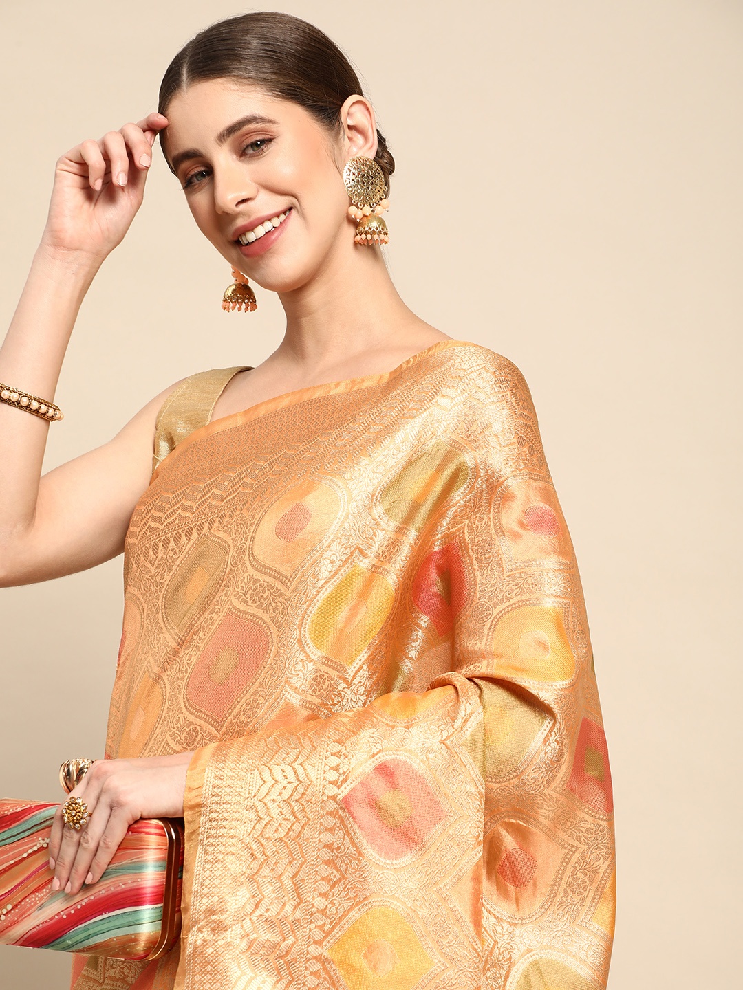 

Mitera Ethnic Motifs Zari Organza Kanjeevaram Saree, Orange