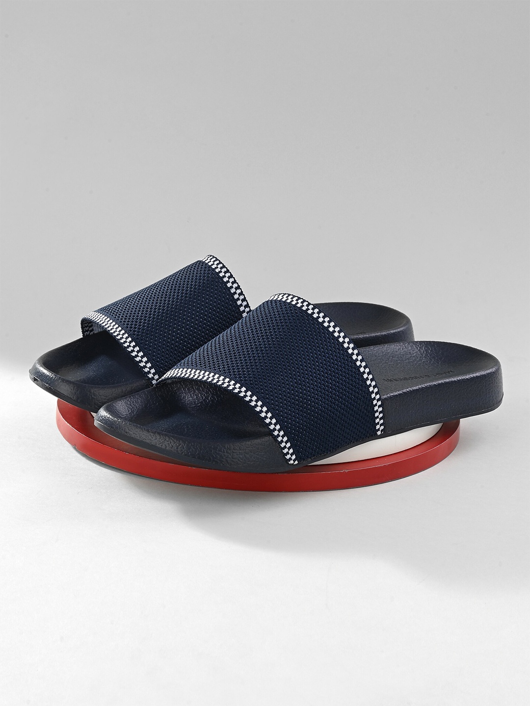 

Mast & Harbour Men Self Design Fabric Comfort -Fit Sliders, Navy blue