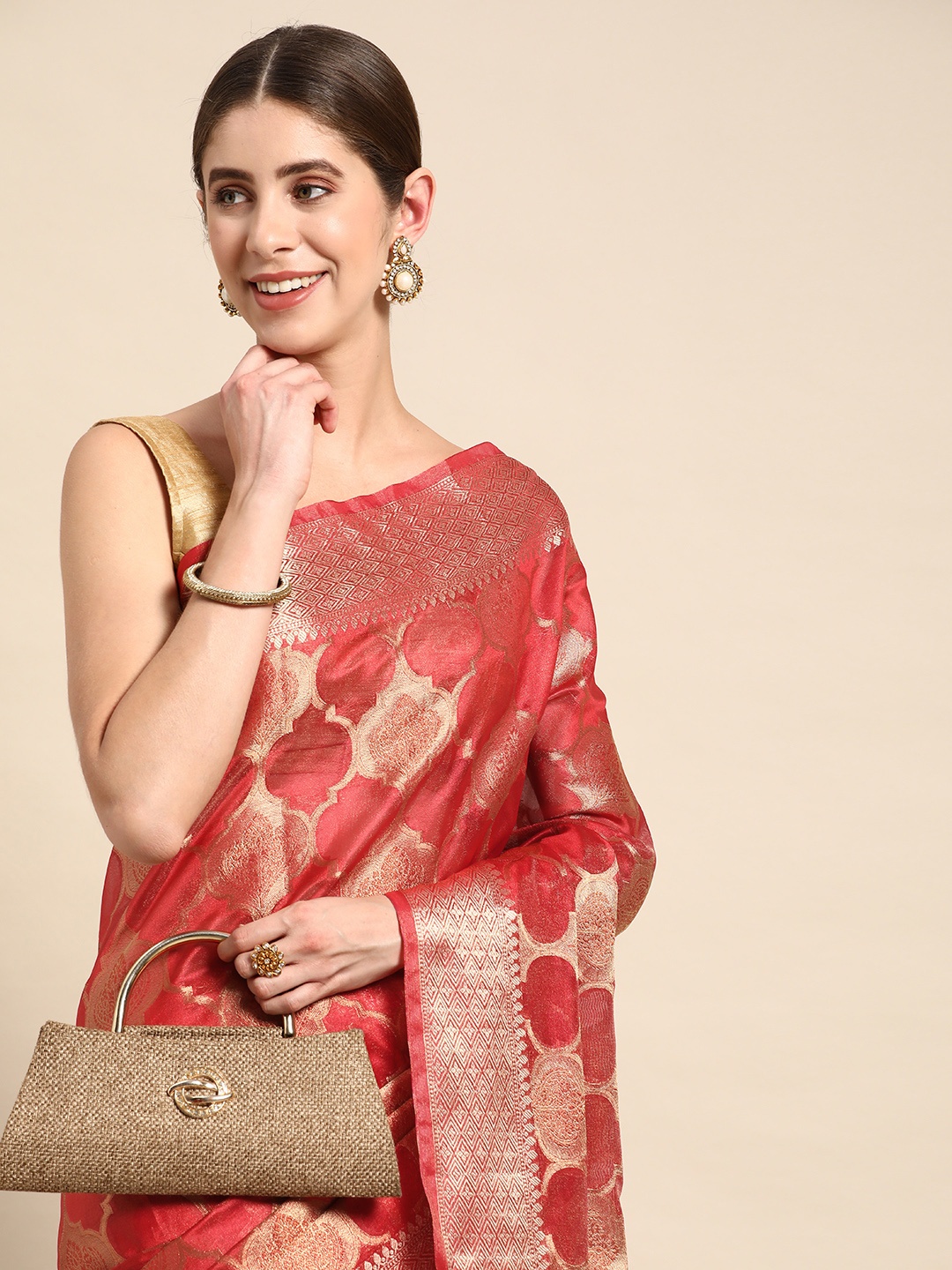 

Mitera Woven Design Zari Organza Handloom Kanjeevaram Saree, Red