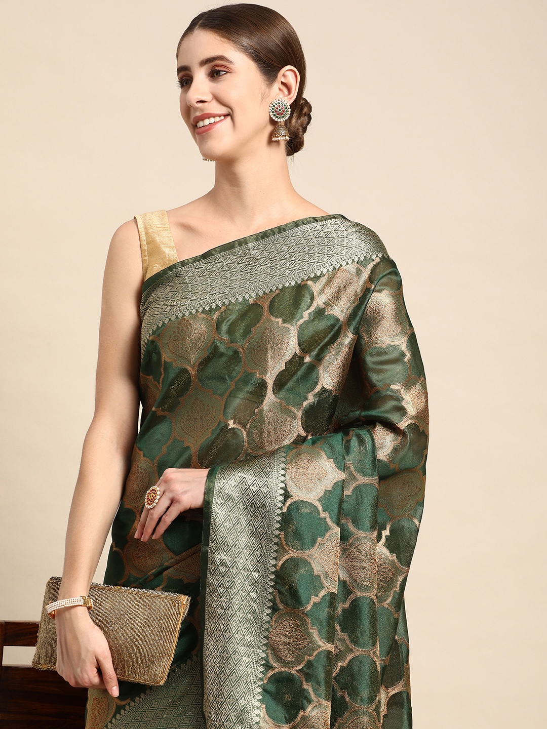 

Mitera Woven Design Zari Organza Handloom Kanjeevaram Saree, Green