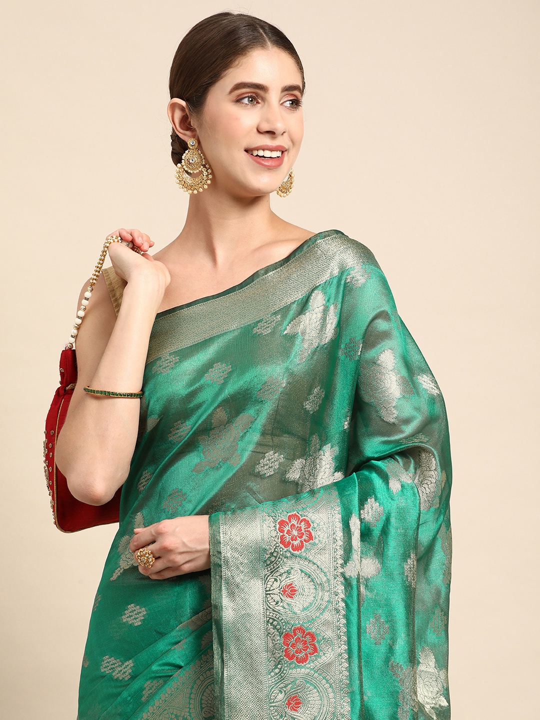 

Mitera Floral Zari Organza Handloom Kanjeevaram Saree, Green