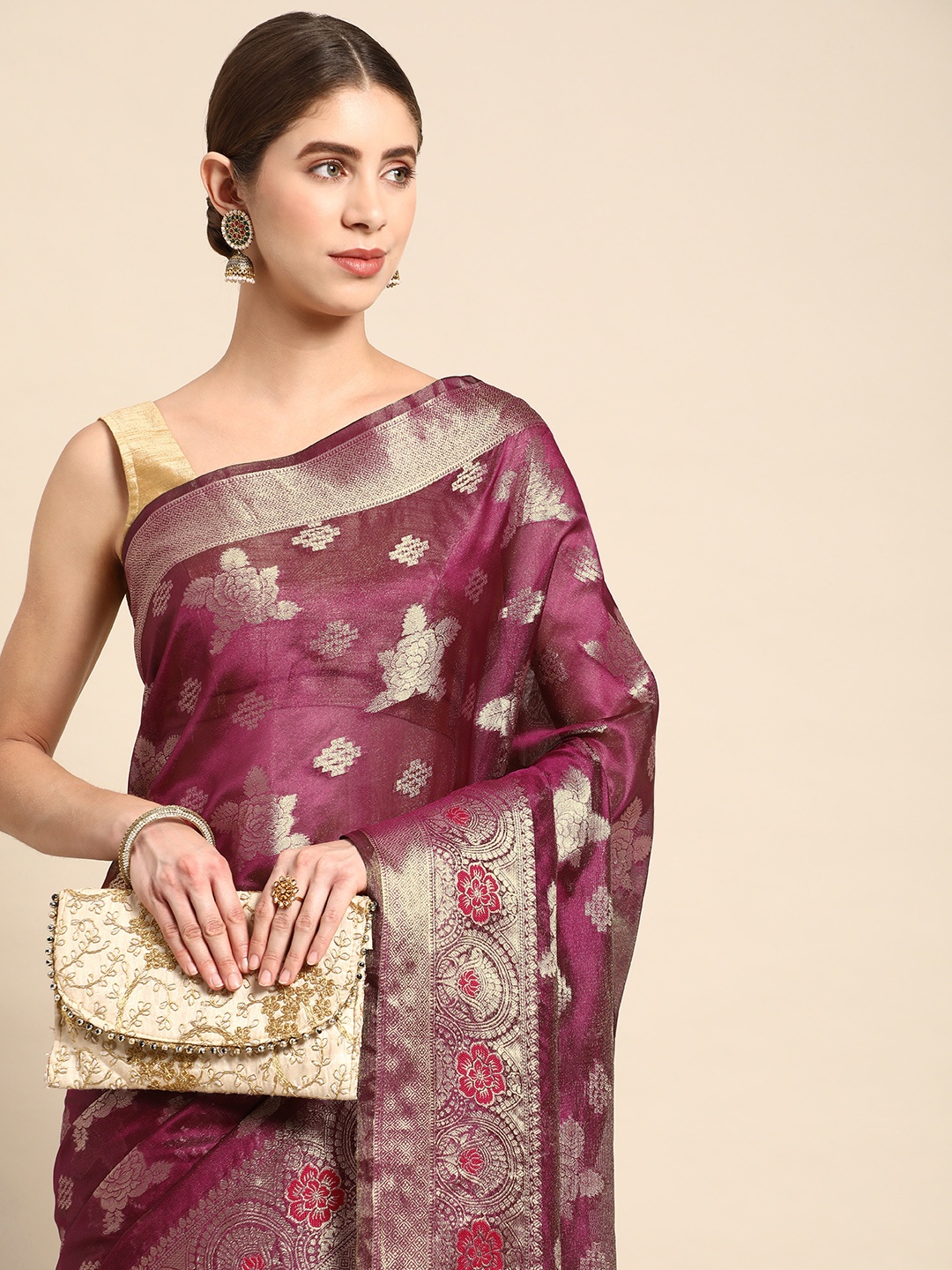 

Mitera Floral Zari Organza Handloom Kanjeevaram Saree, Maroon