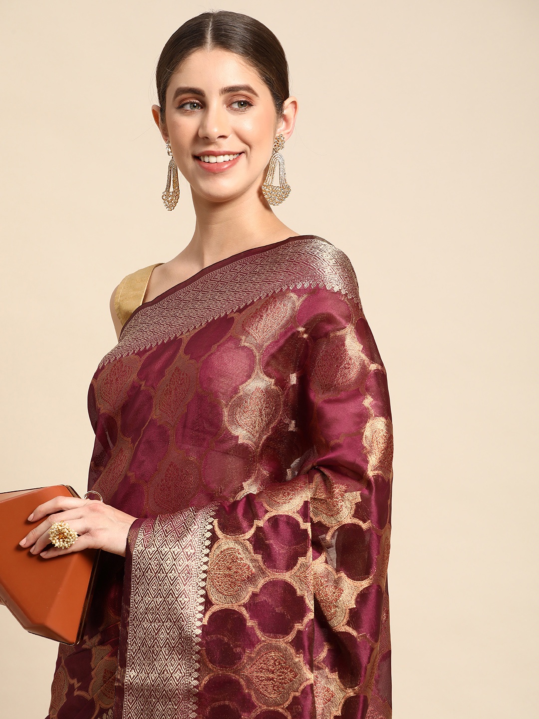 

Mitera Ethnic Motifs Zari Organza Kanjeevaram Saree, Maroon