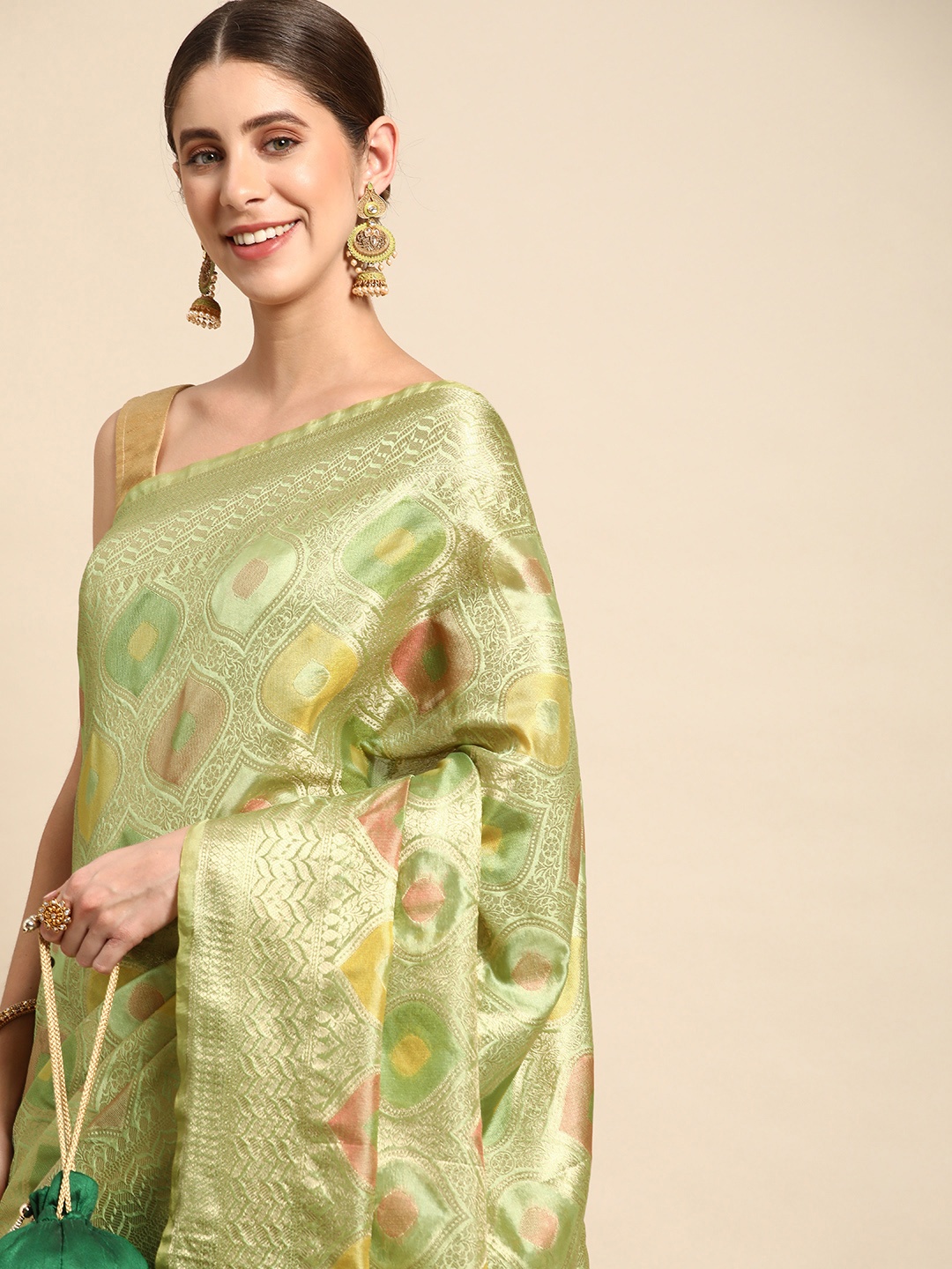 

Mitera Ethnic Motifs Zari Organza Kanjeevaram Saree, Green