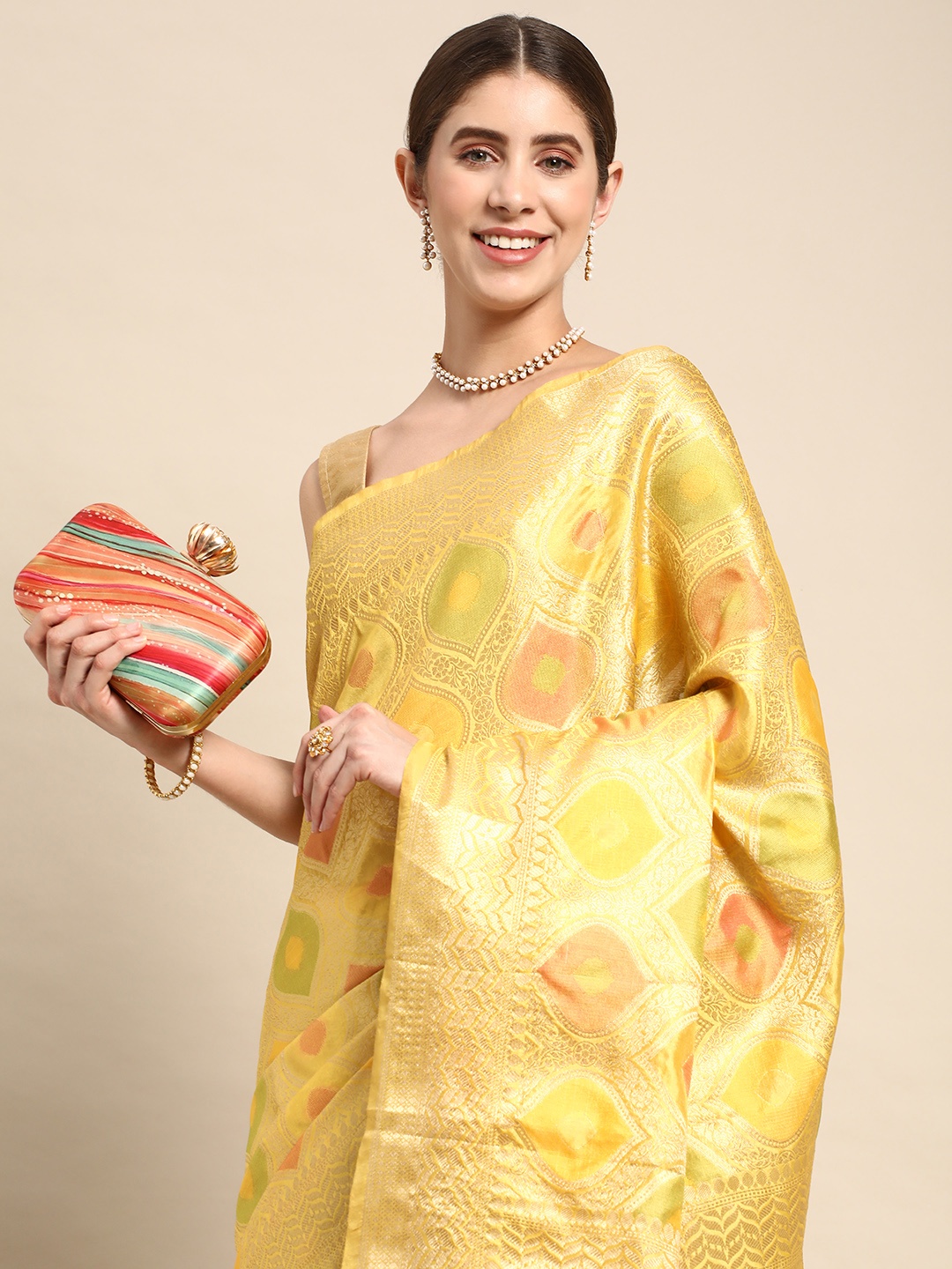 

Mitera Woven Design Zari Organza Handloom Kanjeevaram Saree, Yellow