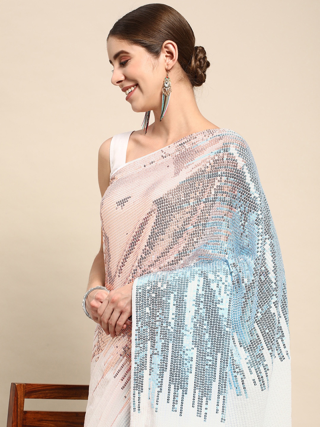 

Mitera Striped Sequinned Poly Georgette Saree, White