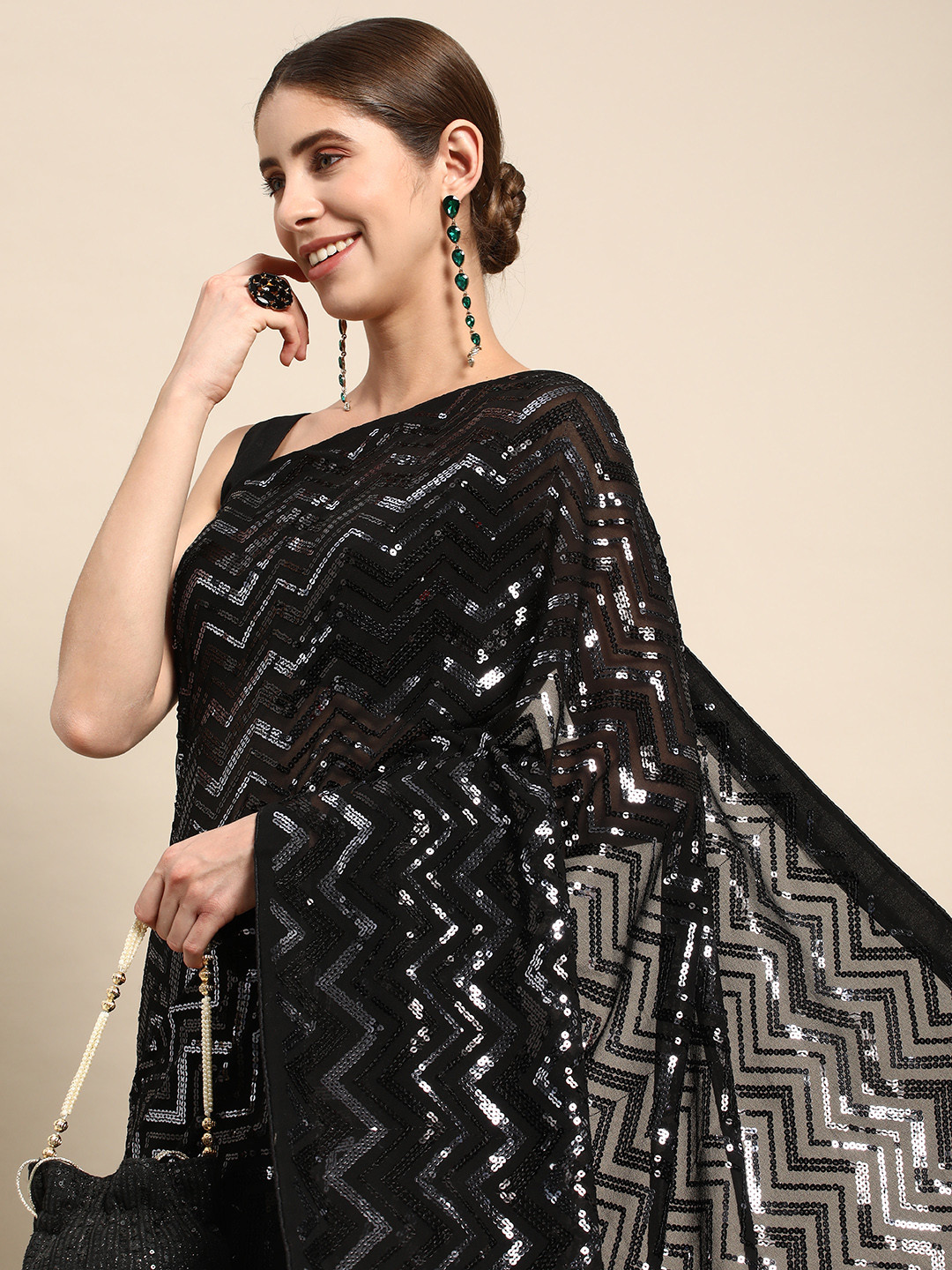 

Mitera Striped Sequinned Poly Georgette Saree, Black