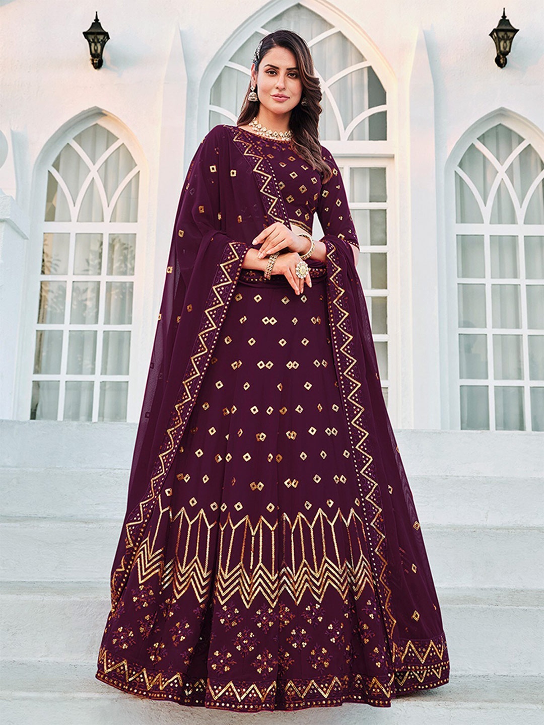 

ODETTE Embellished Semi-Stitched Lehenga & Unstitched Blouse With Dupatta, Violet