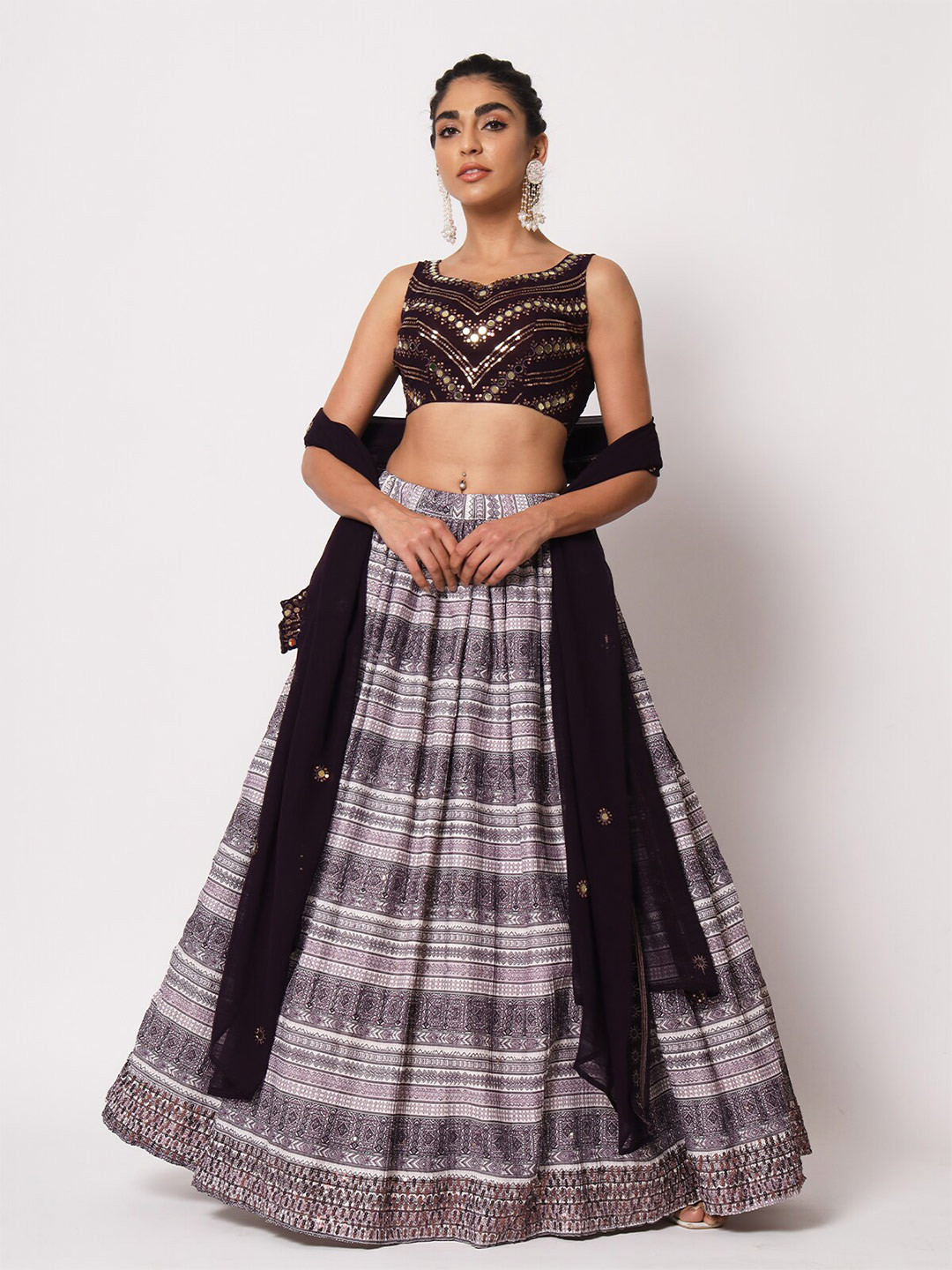 

ODETTE Embroidered Mirror Work Semi-Stitched Lehenga & Unstitched Blouse With Dupatta, Violet
