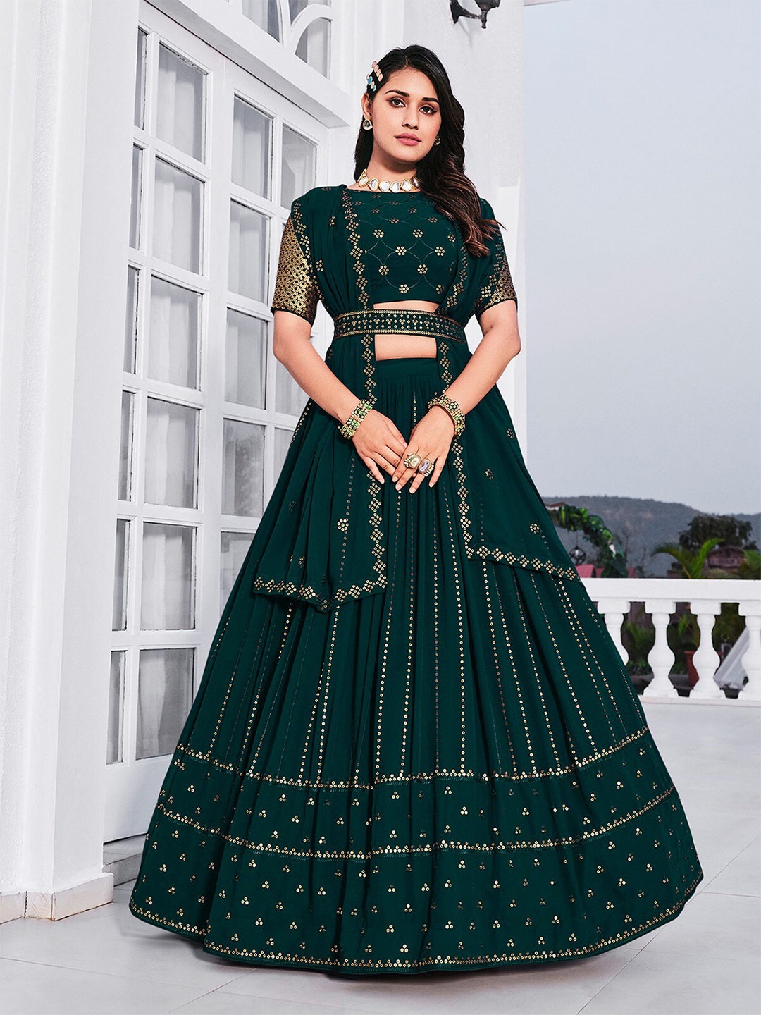 

ODETTE Embellished Semi-Stitched Lehenga & Unstitched Blouse With Dupatta, Teal