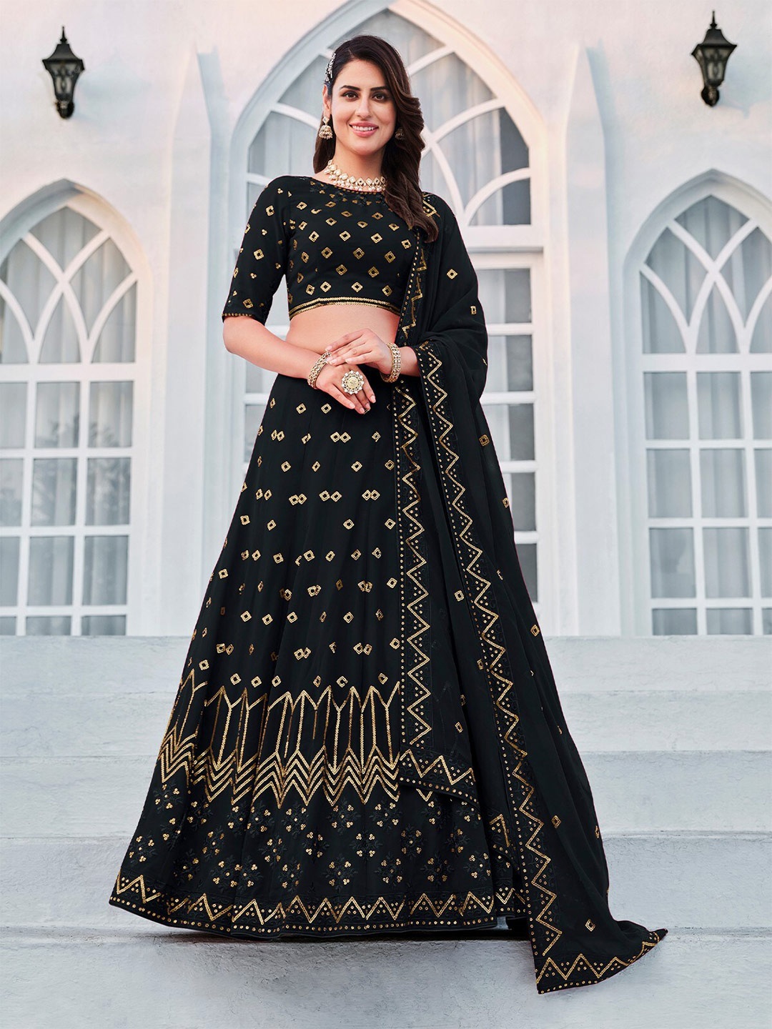 

ODETTE Embellished Semi-Stitched Lehenga & Unstitched Blouse With Dupatta, Navy blue