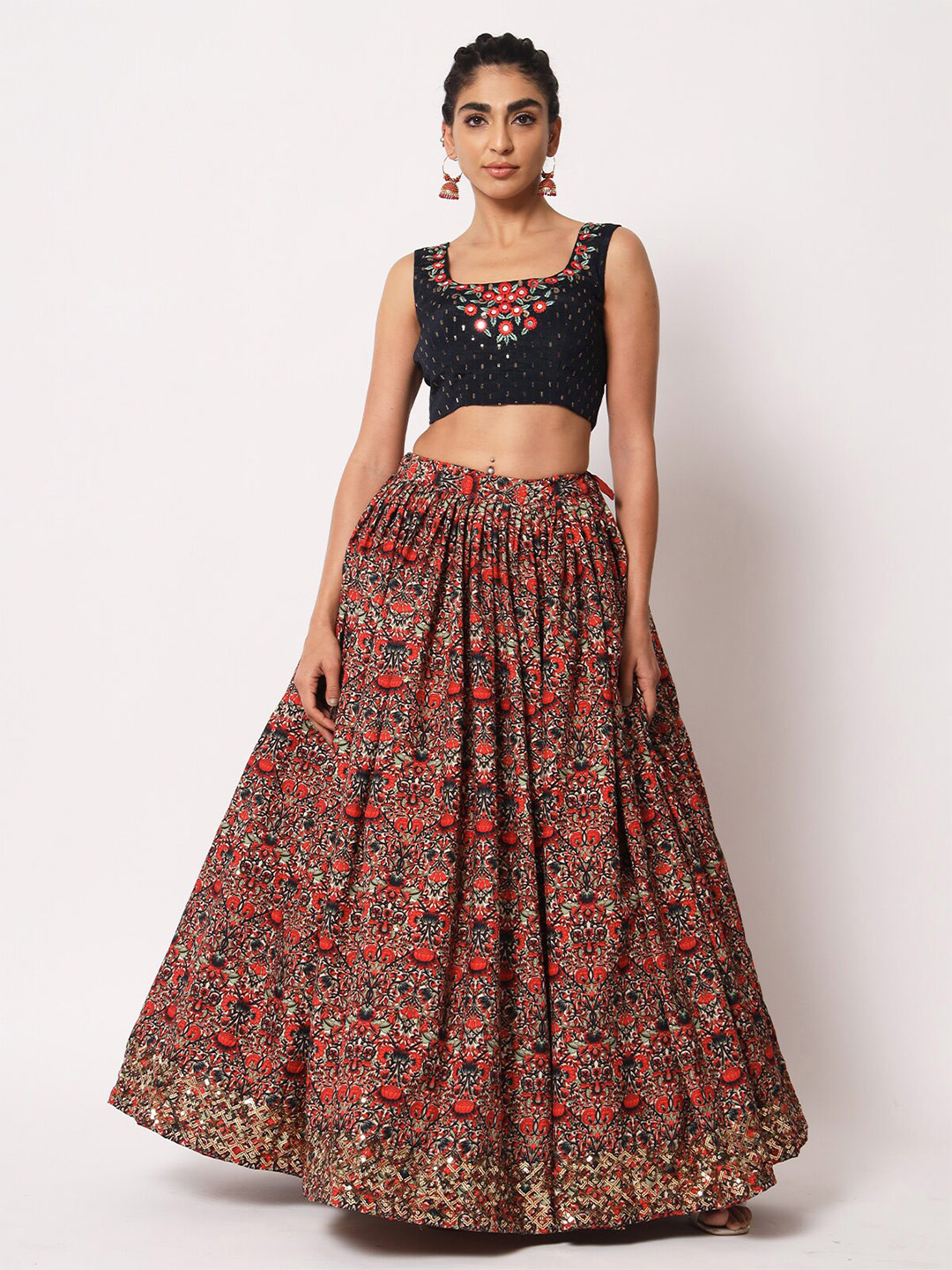 

ODETTE Floral Embroidered Semi-Stitched Lehenga & Unstitched Blouse With Dupatta, Black