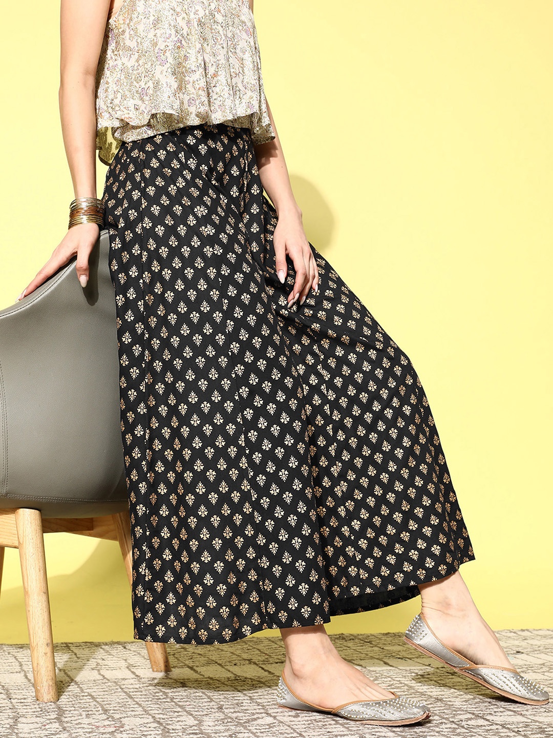 

Juniper Ethnic Motifs Printed Flared Ethnic Palazzos, Black